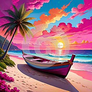 Tropical beach magenta canoe row boat sandy beach evening sunset