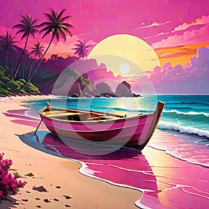 Tropical beach magenta fishing row boat moonlight night shore