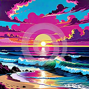 Tropical beach magenta sunset shoreline sandy beach wave storm cloud