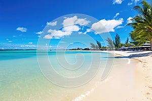 tropical beach in Maldives with few palm trees and blue lagoon, amazing white beaches of Mauritius island. Tropical vacation, AI