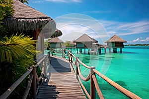 tropical beach in Maldives with few palm trees and blue lagoon, Over water bungalows with steps into green lagoon, AI Generated