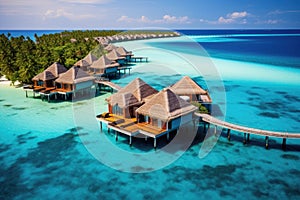 tropical beach in Maldives with few palm trees and blue lagoon, Perfect aerial landscape, luxury tropical resort or hotel with