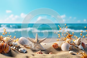Tropical Beach Mockup with Seashells and Starfish on Seaside Sands, Capturing the Essence of a Relaxing Summer Vacation Getaway by