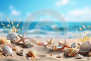 Tropical Beach Mockup with Seashells and Starfish on Seaside Sands, Capturing the Essence of a Relaxing Summer Vacation Getaway by