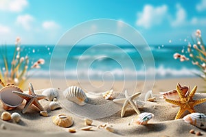 Tropical Beach Mockup with Seashells and Starfish on Seaside Sands, Capturing the Essence of a Relaxing Summer Vacation Getaway by