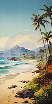 Tropical Beach And Mountain Painting In Neogeo Style
