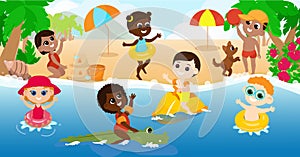 On a tropical beach, a multicultural group of children play and swim in swimming circles. Children\'s outdoor.