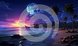 Tropical beach at night with moon and stars on the sky, generated by AI