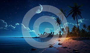 Tropical beach at night with moon and stars on the sky, generated by AI