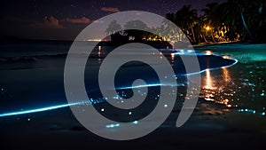 Tropical beach at night with palm trees and starry sky, Bioluminescence, Night beach scene in the Maldives with bioluminescent