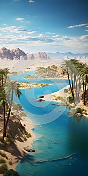 Tropical Beach Oasis: Stunning 3d Image With Desert, River, And Palm Trees