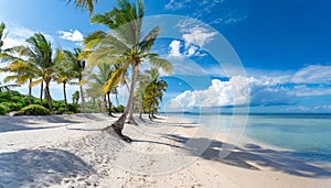 Tropical beach, ocean shore, palms, blue sea, vacation concept