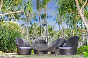 Tropical beach, outdoor cafe, chairs on beach