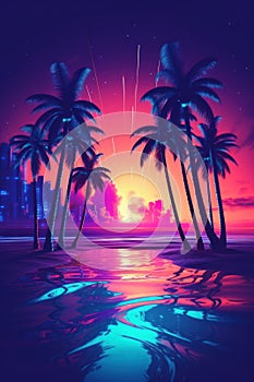 Tropical beach and palm tree background. Retro tone color style. Summer vacation concept. Generative ai