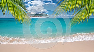 Tropical beach with palm trees. Side view of luxury cruise ship in the background.