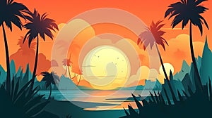 Tropical beach with palm trees, sunrise and sunset sky. Romantic background