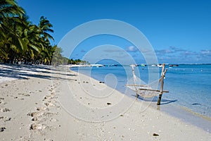 Tropical beach with palm trees and white sand blue ocean and beach beds with umbrella,Sun chairs and parasol under a