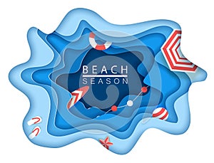 Tropical beach in paper art style. Vector top view paper cut illustration. Summer holiday concept poster template. Craft