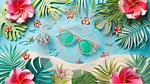 Tropical beach paper art with sunglasses and vibrant flora