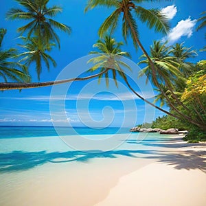 Tropical beach in the Paradise beach tropical resort with clear blue water and palm