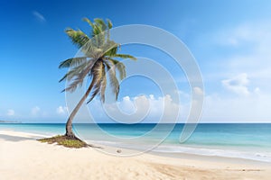 Tropical beach paradise with a coconut palm tree ina white sand with blue sky. Generative AI