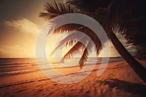 Tropical beach paradise with a coconut palms tree in a white sand at sunset. Vintage photography background. Generative AI