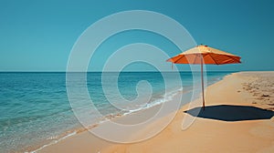 tropical beach paradise, endless golden sands, touched by the sun, a single umbrella offering shade, the perfect vision photo