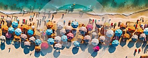 tropical beach paradise with many umbrellas and people swimming