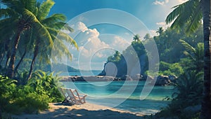 Tropical beach paradise with palm trees clear blue water sandy beach Generative AI