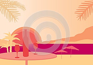 Tropical beach with parasols, sea with sunset, table with bottle