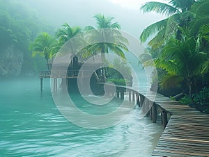 Tropical Beach Resort with Palm Trees Swaying in a Gentle Breeze