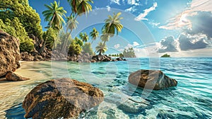 Tropical Beach With Rocks and Palm Trees