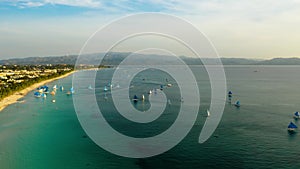 Tropical beach and sailing boats, Boracay, Philippines. Time lapse