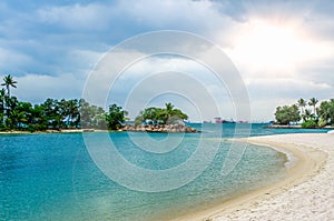 Tropical beach with sand, summer holiday background. Palms and tropical beach with white sand. Sentosa Island, Singapore