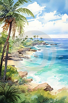 Tropical Beach Scene with Palm Trees and Blue Ocean