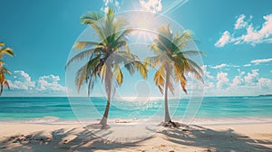 tropical beach scene, tropical summer paradise with palm trees swaying in the gentle breeze on a sunny beach creates a