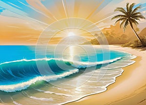 Tropical beach scene withe rays of the sun shining
