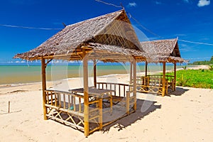 Tropical beach scenery with small huts