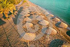 Tropical beach scenery with sun parasols and palm branches