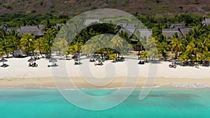 Tropical beach scenery, vacation in paradise island Mauritius. Dream exotic island, tropical paradise. Best beaches of Mauritius