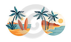 Tropical beach scenes set. Idyllic paradise with palm trees and surfboards in circle vector illustration