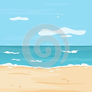Tropical beach with sea. Background with ocean, clouds and sand. Flat style