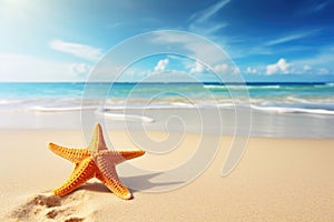 Tropical beach with sea star on sand, summer holiday background . Travel promotion banner template Generative AI