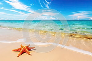 Tropical beach with sea star on sand, summer holiday background . Travel promotion banner template Generative AI