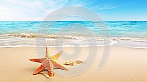 Tropical beach with sea star on sand, summer holiday background . Travel promotion banner template Generative AI