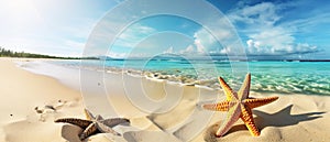 Tropical beach with sea star on sand, summer holiday background . Travel promotion banner template Generative AI