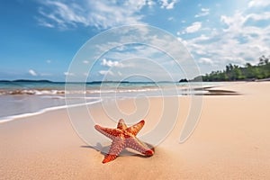 Tropical beach with one big red sea star on sand, summer holiday background. Travel and beach vacation