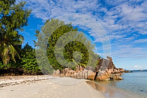 Tropical beach at Seychelles and giant granit rocks