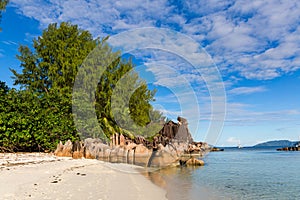 Tropical beach at Seychelles and giant granit rocks