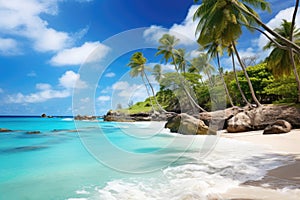 Tropical beach at Seychelles, Praslin, Beautiful tropical Barbados island. View of the golden beach with palms and crystal clear